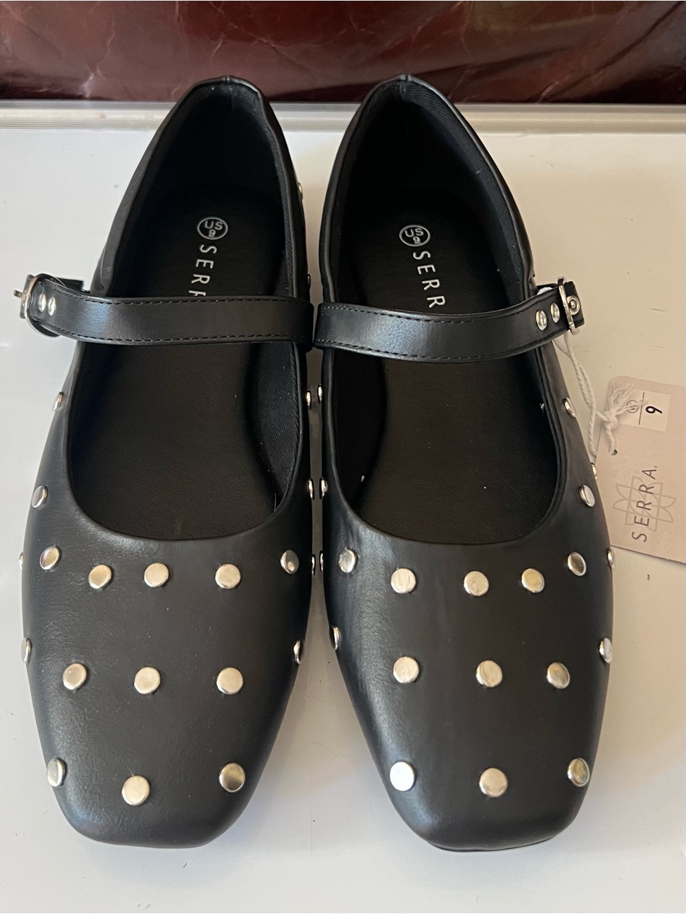 Serra ladies black studded Mary Jane flats Sz 9 New with box
